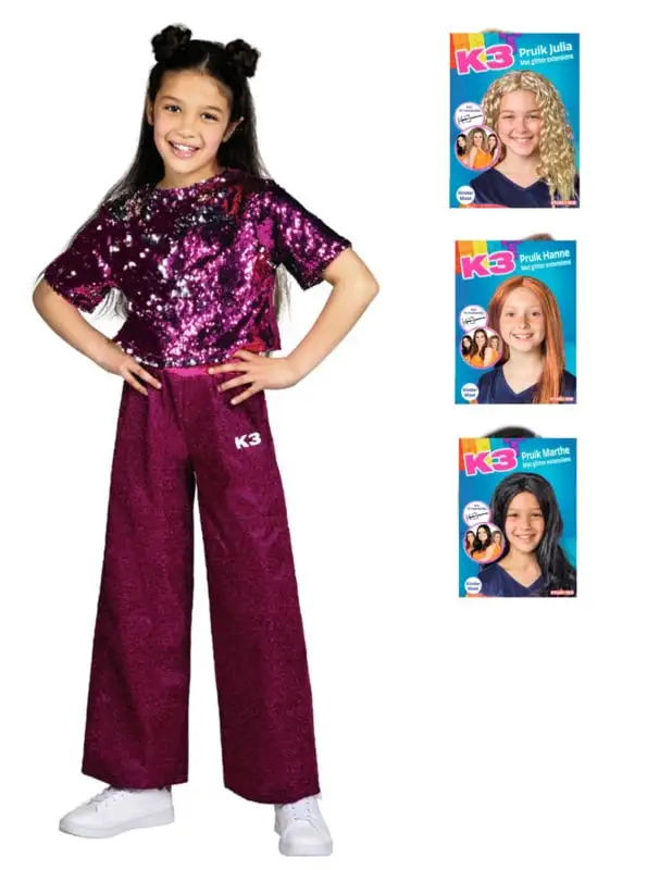 K3 - Studio100 K3 Verkleedpak + Pruik - Luxe Pakket 1 K3 - Studio100 K3 Verkleedpak + Pruik - Luxe Pakket